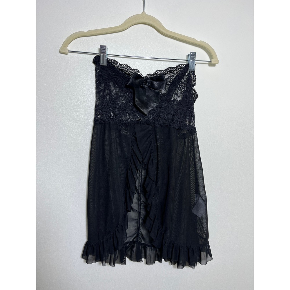 Black Lace Mesh Babydoll Chemise Halter Open Front Ruffle Lingerie Nightgown